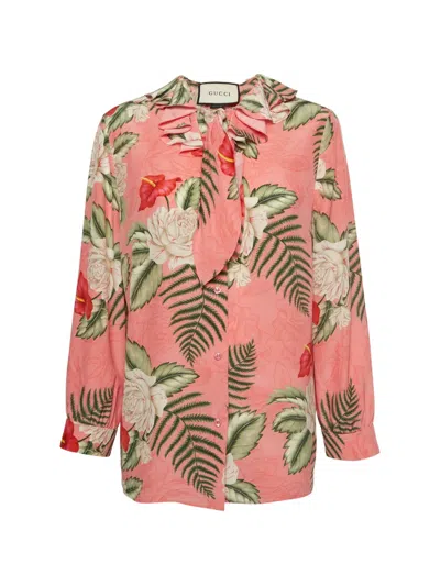 Pre-owned Gucci Floral-print Tie-neck Blouse In Pink