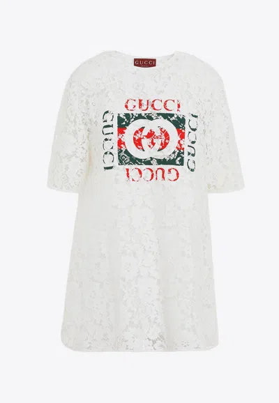 Gucci Flower Lace Short-sleeved Top In Off White/mix