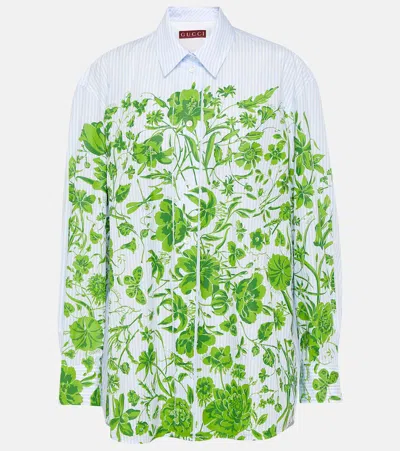 Gucci Flowers Striped Cotton Shirt In Green