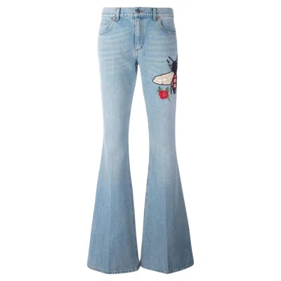 Pre-owned Gucci Fly Embroidered Flared Cotton Jeans It 28 In Blue