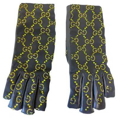 Pre-owned Gucci For Billie Eilish Limited Edition Black Leather Green Swarovski Gloves