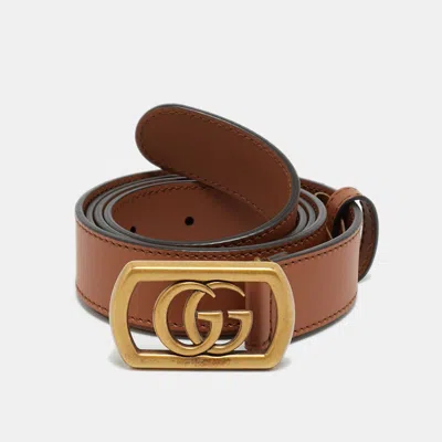 Pre-owned Gucci Framed Double G 100 Cm Buckle Belt Brown Leather