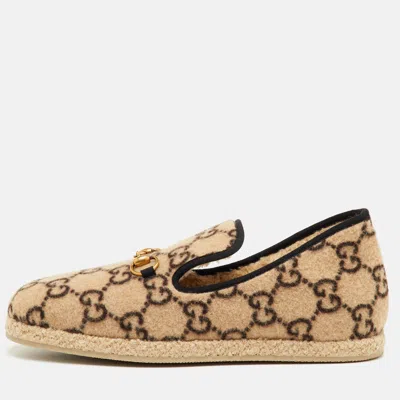 Pre-owned Gucci Fria Horsebit Size 44.5 Beige/black Wool Gg Slip On Loafers In Sand