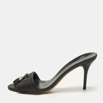 Pre-owned Gucci Fringe Size 38.5 Black Leather Slide Sandals