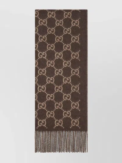 Gucci Fringed Cashmere Shawl Gg Reversible Design In Brown