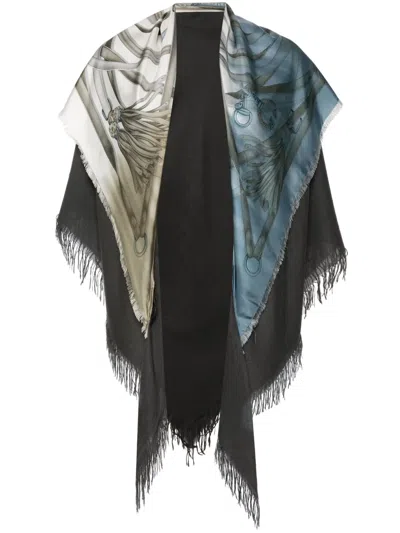 Pre-owned Gucci Fringed Colourblock Silk Scarf In Grey
