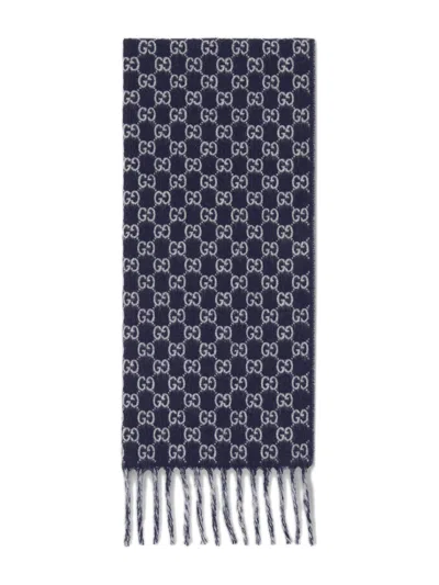 Gucci Fringed Wool Cashmere Scarf 14.9"w X 70.8"l In Blue