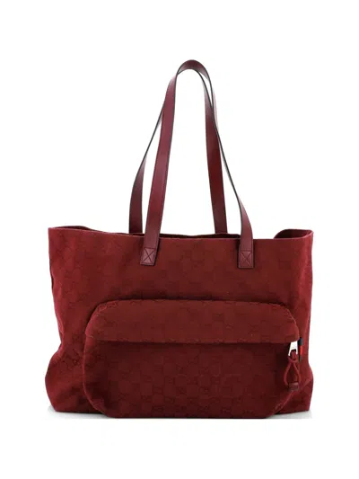 Pre-owned Gucci Front Pocket Debossed Logo Gg Canvas Large Tote Bag In Red