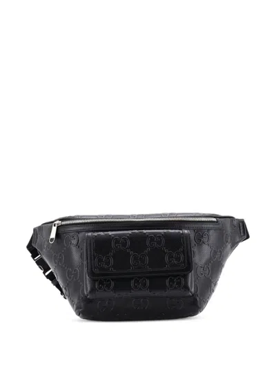 Pre-owned Gucci Front Pocket Gg Embossed Perforated Leather Belt Bag In Black