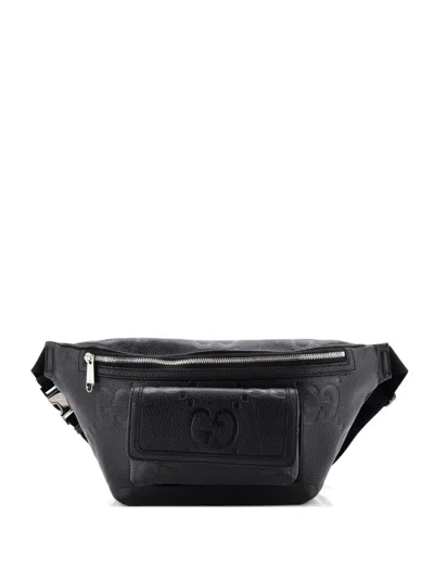 Pre-owned Gucci Front Pocket Jumbo Gg Embossed Leather Belt Bag In Black