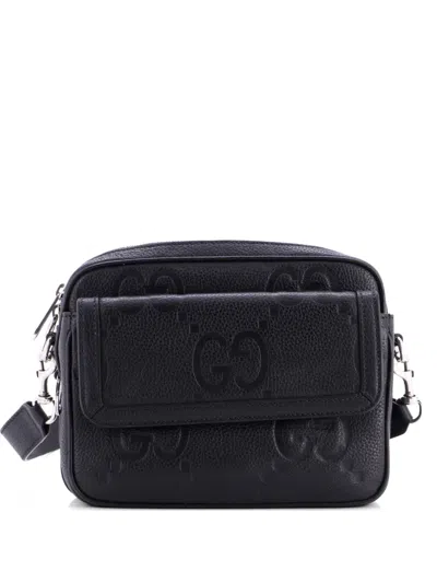 Pre-owned Gucci Front Pocket Messenger Jumbo Gg Embossed Leather Small Crossbody Bag In Black