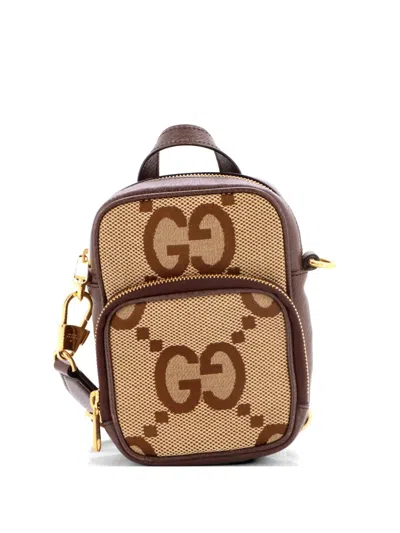 Pre-owned Gucci Front Pocket Web Jumbo Gg Canva Mini Crossbody Bag In Brown