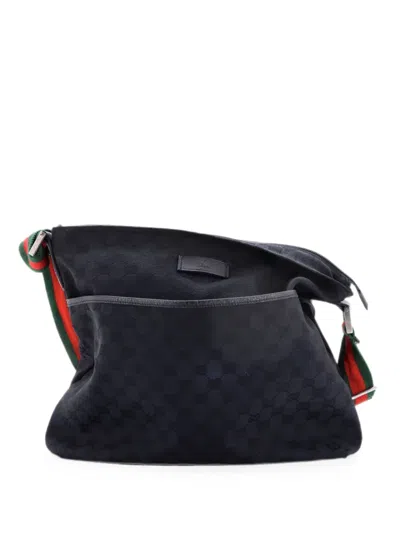 Pre-owned Gucci Front Pocket Web Messenger Gg Canvas Medium Crossbody Bag In Black