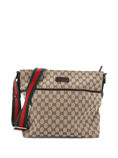 Pre-owned Gucci Front Pocket Web Messenger Gg Canvas Medium Crossbody Bag In Brown