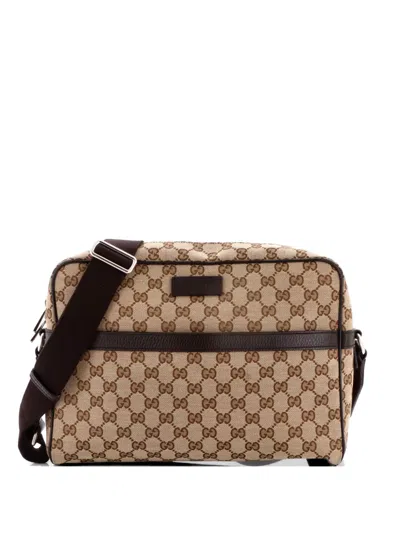 Pre-owned Gucci Front Pocket Zip Messenger Bag Gg Canvas Medium Crossbody Bag In Brown