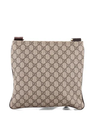 Pre-owned Gucci Front Zip Flat Messenger Bag Gg Coated Canvas Medium Crossbody Bag In Brown