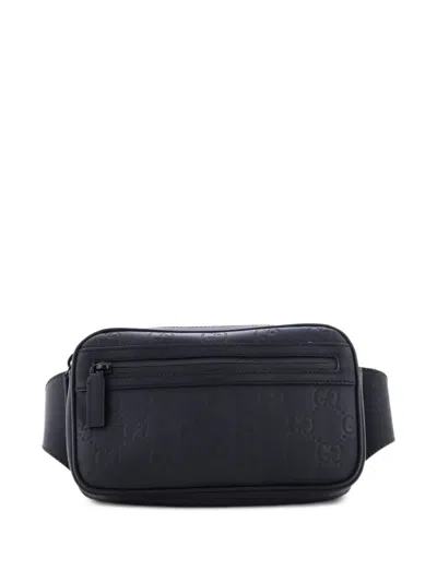 Pre-owned Gucci Front Zip Gg Rubber Effect Leather Belt Bag In Black