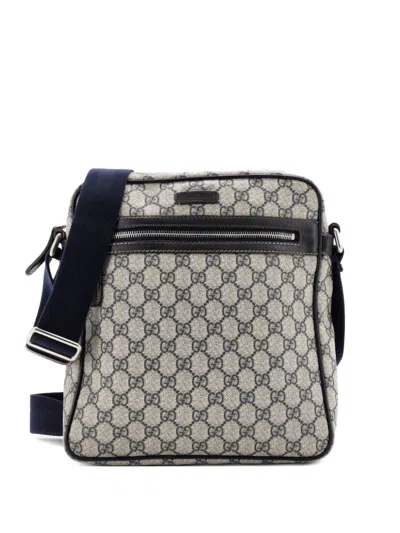 Pre-owned Gucci Front Zip Messenger Gg Coated Canvas Medium Crossbody Bag In Blue