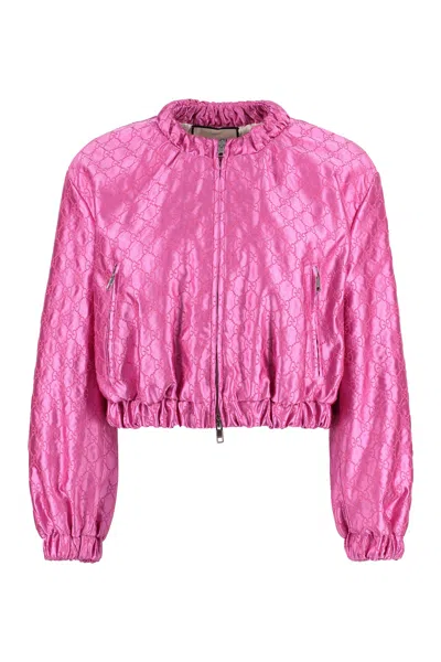Gucci Fuchsia Embroidered Silk Bomber Jacket In Pink