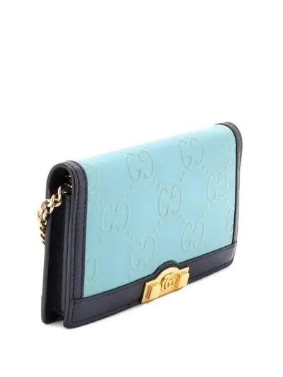 Pre-owned Gucci Full Flap Wallet On Chain Gg Embossed Leather Crossbody Bag In Blue