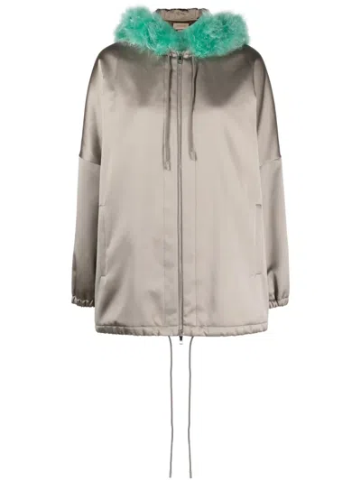 Gucci Shearling-trim Satin Hooded Jacket In Grau