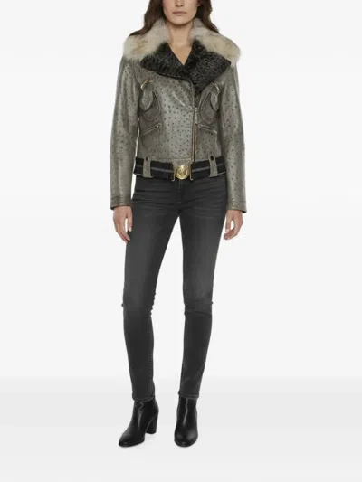 Pre-owned Gucci Fur-collar Belted Jacket In Gray