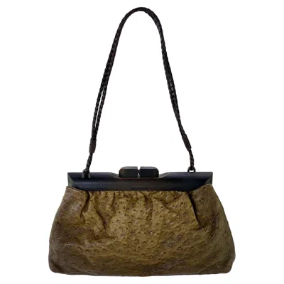 Pre-owned Gucci F/w 2002  By Tom Ford Genuine Ostrich Braided Leather Wood Shoulder Bag In Brown
