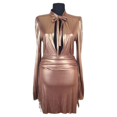 Pre-owned Gucci F/w 2006  Runway Plunging Neckline Gold Metallic Mini Dress In Brown