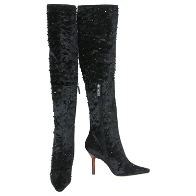 Pre-owned Gucci F/w 99 Tom Ford For  Black Onyx Embellished Velvet Knee Boots 37.5 7.5