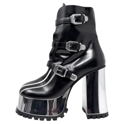 Pre-owned Gucci Fw22 Runway Platform Boots Black Silver Leather Buckle Heels 38