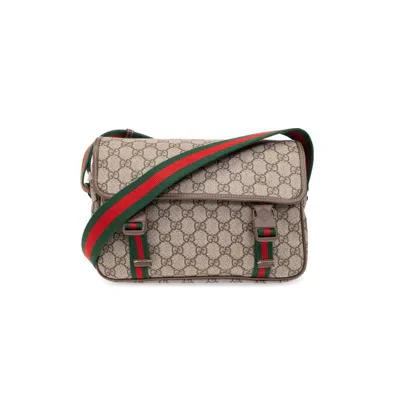 Gucci 【皮革饰边】男女复古经典双g红绿织带可调节式邮差包斜挎包 In Brown