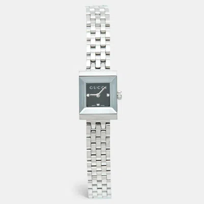 Pre-owned Gucci G-frame Ya128507 Black Dial Stainless Steel Diamond Women's Wristwatch 14 Mm In Silver