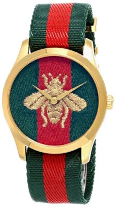 Pre-owned Gucci G-timeless 38mm Qtz Green/red Nylon Strap Watch Ya126487b