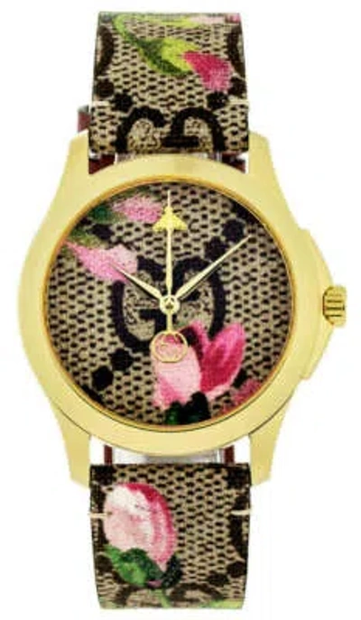 Pre-owned Gucci G-timeless Blooms Print Gg Supreme Ss Gold Pvd Watch Ya1264038a