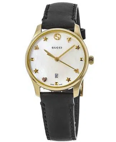 Pre-owned Gucci G-timeless Mother Of Pearl Dial Leather Strap Women's Watch Ya126589