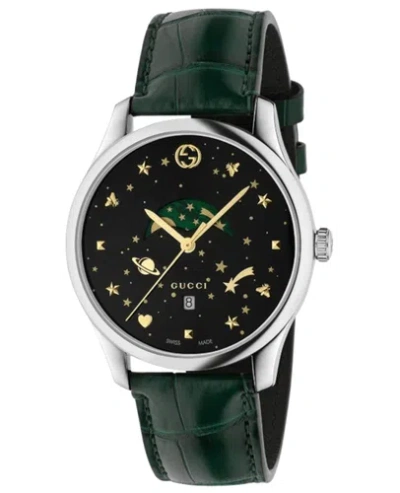 Pre-owned Gucci G-timeless Quartz Black Dial Green Leather Strap Men's Watch Ya126326