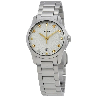 Gucci G-timeless Silver Dial Stainless Steel Ladies Watch Ya126572 In Gold Tone / Silver