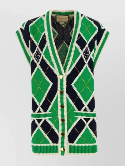 Gucci V-neck Embroidered Cotton Knit In Green