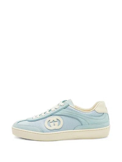 Pre-owned Gucci G75 Lace-up Suede-trim Sneakers In Blue