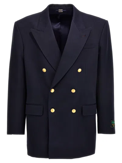 Gucci Men Gabardine Double Breast Blazer Jacket In Blue
