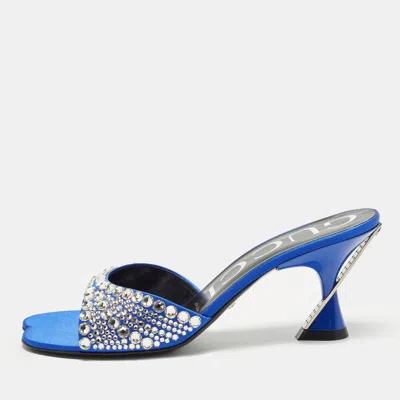 Pre-owned Gucci Galactica Size 36 Royal Blue Satin Crystal Embellished Slide Sandals