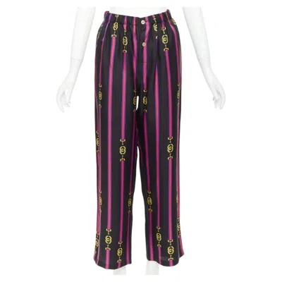 Pre-owned Gucci Garden 100% Silk Black Purple Yellow Equestrian Gg Buckle Pajama Pants Xs