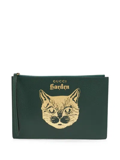 Pre-owned Gucci Garden Cat Zip Clutch Bag In Green
