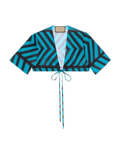 Gucci Blue Printed Cotton Blend Crop Top In Multi