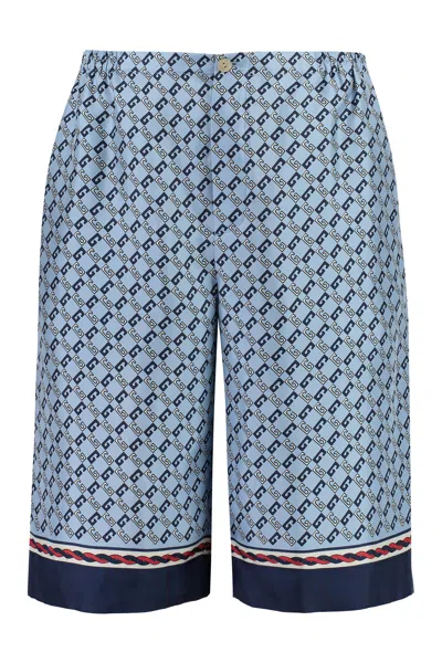 Gucci Geometric Square G Printed Silk Shorts In Light Blue