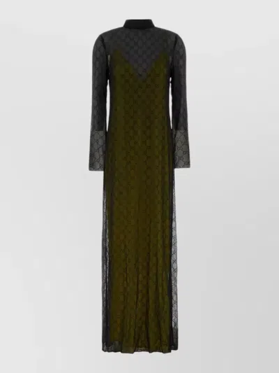 Gucci Georgette Long Dress High Neckline Slit In Green