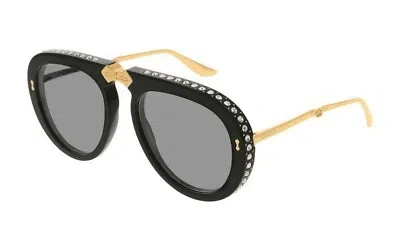Pre-owned Gucci Gg 0307/s 002 Black Crystal Studded Gray Lenses Foldable Sunglasses