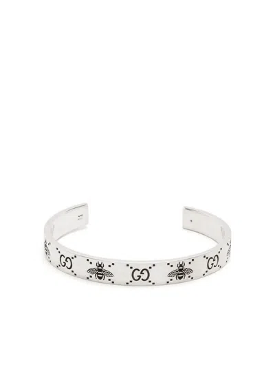 Gucci Men's Bee-engraved Gg Sterling Silver Cuff Bracelet