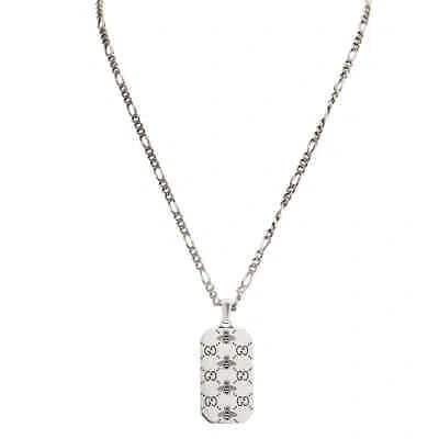 Pre-owned Gucci Gg And Bee Engraved Pendant Necklace In Silver