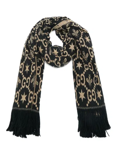 Pre-owned Gucci Gg Bee Jacquard Shawl In Black